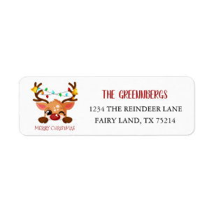Cute Winking Reindeer Antlers Christmas Lights Label