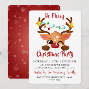 Cute Winking Reindeer Red Nose Christmas Party Invitation