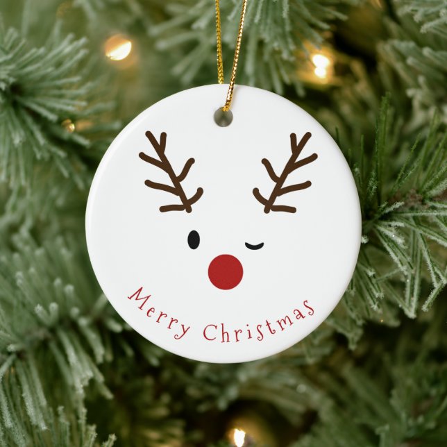 Cute Winking Rudolf Reindeer Photo Christmas Ceramic Ornament (Tree)