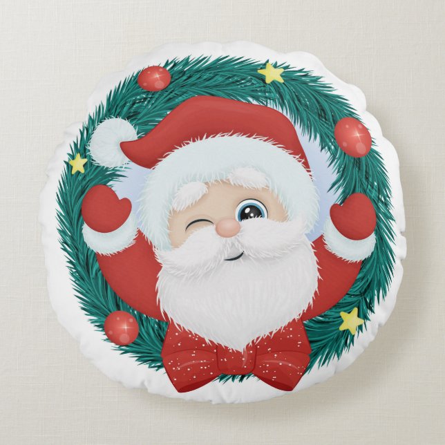 Cute Winking Santa Round Pillow (Front)