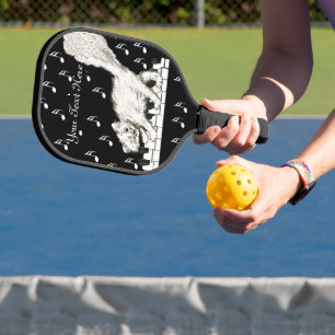 Cute Winking White Cat on Piano Keys Music Notes Pickleball Paddle