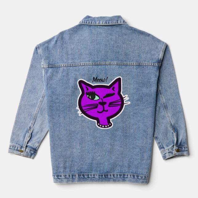 Cute Winky Purple Cartoon Cat Denim Jacket (Back)