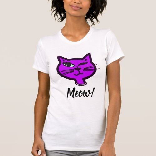 Cute Winky Purple Cartoon Cat T_Shirt