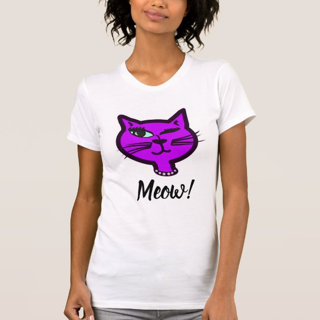 Cute Winky Purple Cartoon Cat T-Shirt (Front)