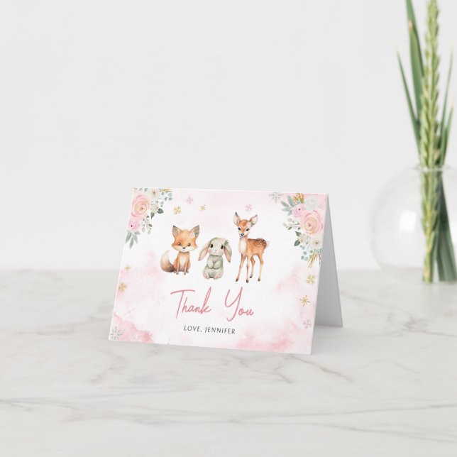 Cute winter animal baby girl shower thank you card (Front)