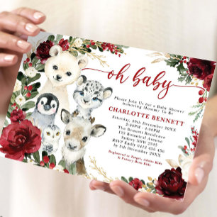 Cute Winter Animals Burgundy Floral Greenery Baby Invitation