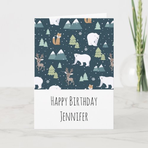 Cute Winter Animals Pattern Rustic Birthday Card