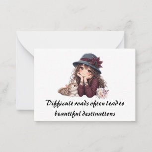 Cute Winter Anime Girl & Kitten Inspiring Journey Note Card