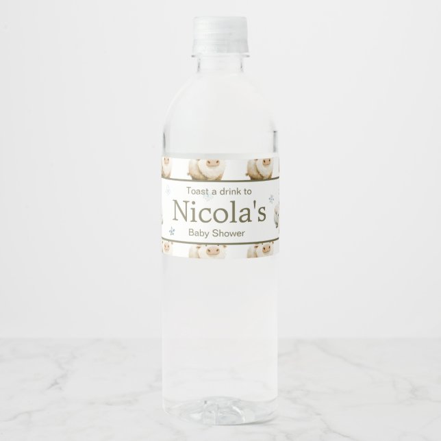 Cute Winter Arctic Cow Baby Shower Water Bottle Label (Front)