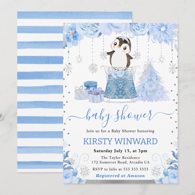 Cute Winter Arctic Penguin Baby Shower Invitation (Front/Back)