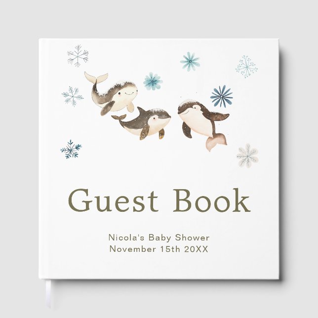 Cute Winter Arctic Whale Baby Shower Guest Book (Front)