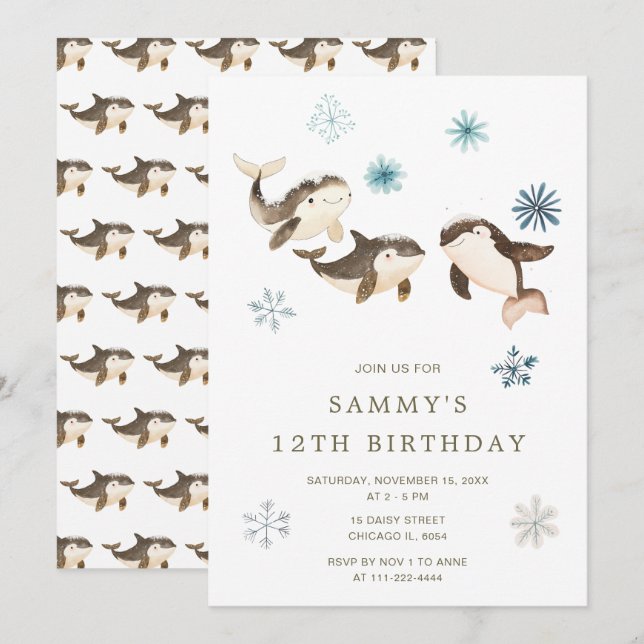 Cute Winter Arctic Whale Birthday Party Invitation (Front/Back)