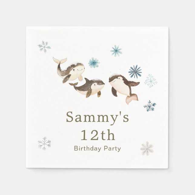 Cute Winter Arctic Whale Birthday Party Napkins (Front)