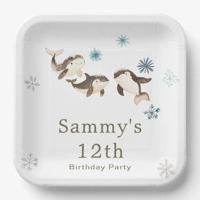 Cute Winter Arctic Whale Birthday Party Paper Plates (Front)