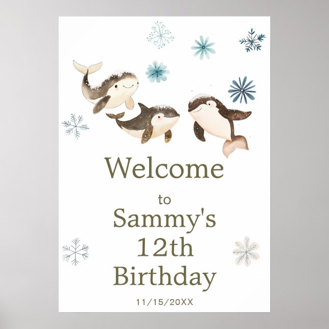 Cute Winter Arctic Whale Birthday Party Poster (Front)