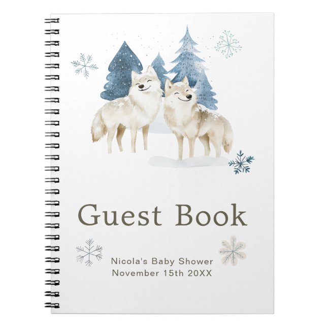 Cute Winter Arctic Wolf Baby Shower Guest Book (Front)