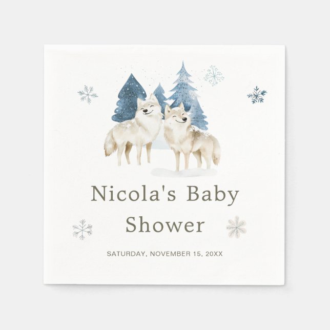 Cute Winter Arctic Wolf Baby Shower Napkins (Front)