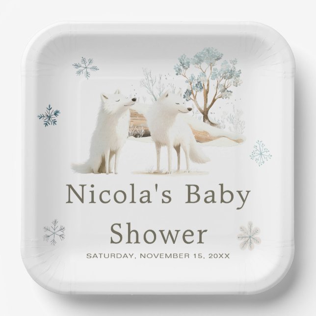 Cute Winter Arctic Wolf Baby Shower  Paper Plates (Front)