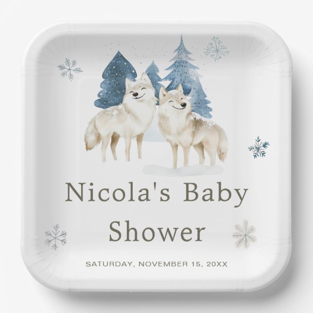 Cute Winter Arctic Wolf Baby Shower Paper Plates (Front)
