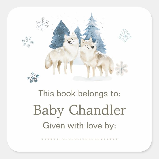 Cute Winter Arctic Wolf Baby Shower Square Sticker (Front)