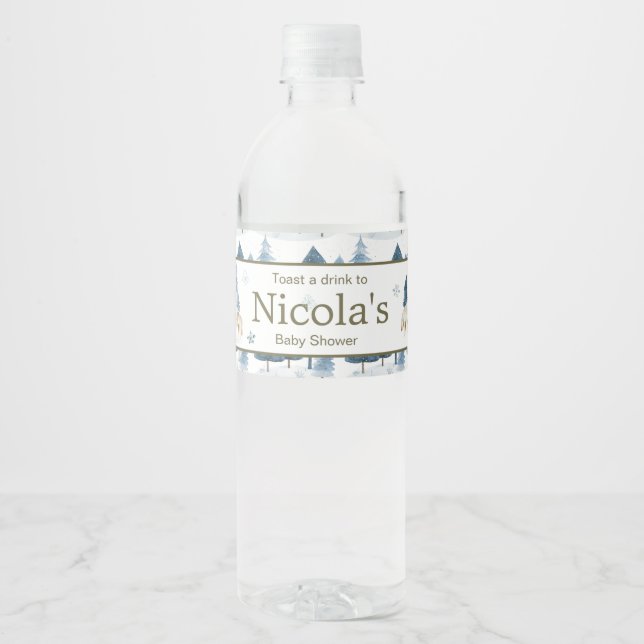 Cute Winter Arctic Wolf Baby Shower Water Bottle Label (Front)