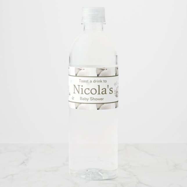 Cute Winter Arctic Wolf Baby Shower Water Bottle Label (Front)