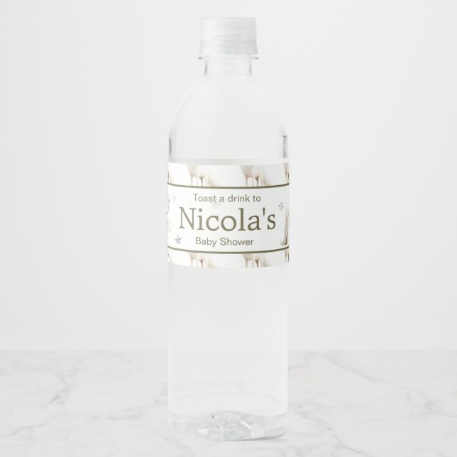Cute Winter Arctic Wolf Baby Shower Water Bottle Label (Front)
