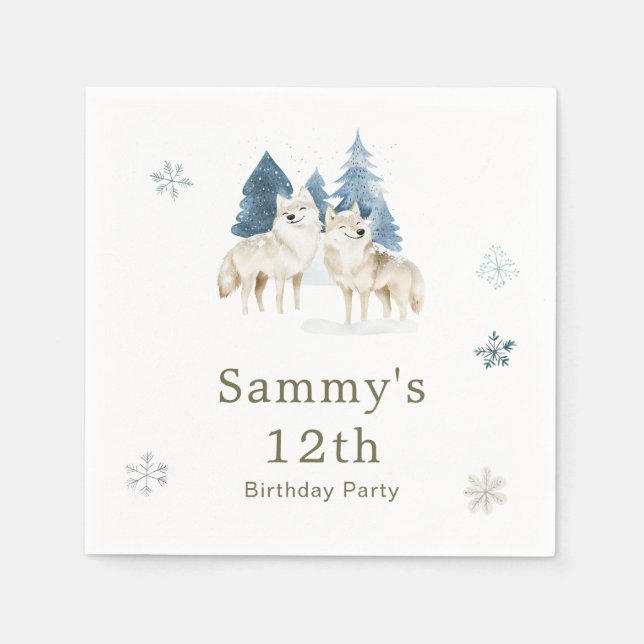 Cute Winter Arctic Wolf Birthday Party Napkins (Front)