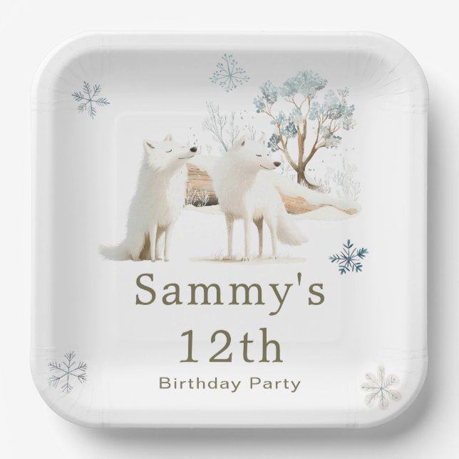 Cute Winter Arctic Wolf Birthday Party Paper Plates (Front)