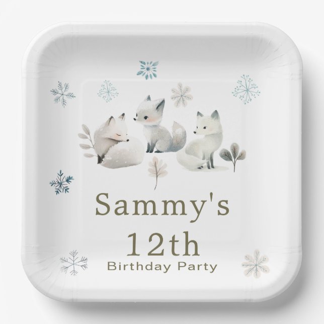 Cute Winter Arctic Wolf Birthday Party Paper Plates (Front)