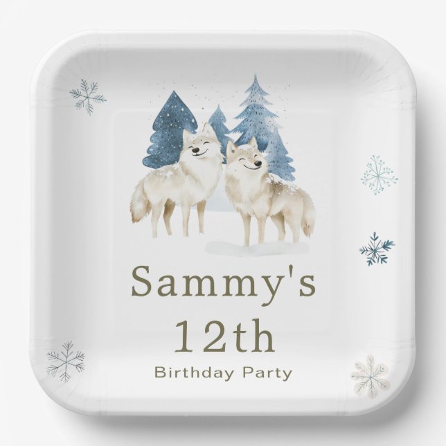 Cute Winter Arctic Wolf Birthday Party Paper Plates (Front)