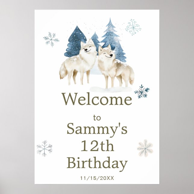 Cute Winter Arctic Wolf Birthday Party Poster (Front)