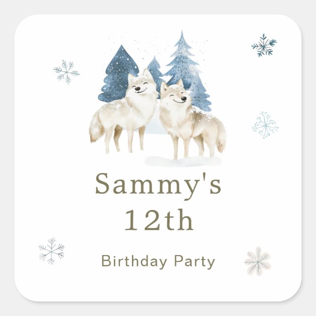 Cute Winter Arctic Wolf Birthday Party Square Sticker (Front)