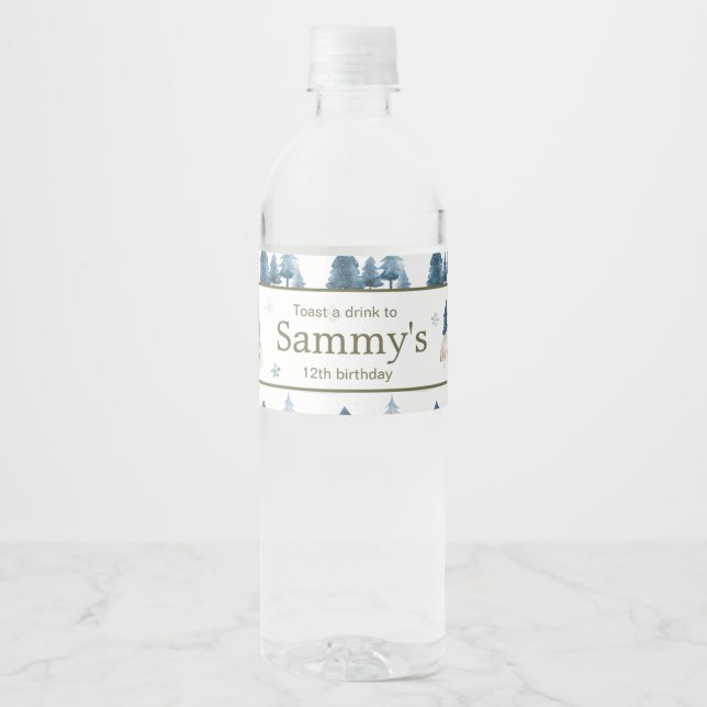 Cute Winter Arctic Wolf Birthday Party Water Bottle Label (Front)