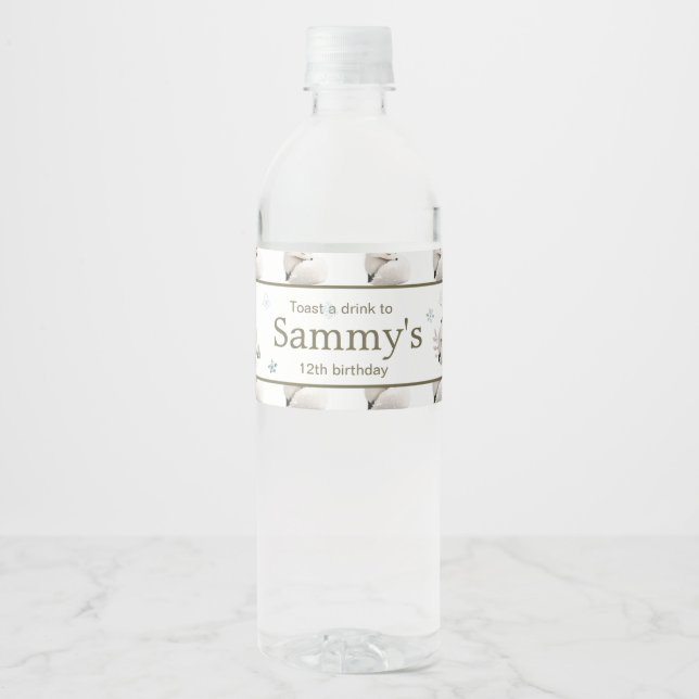 Cute Winter Arctic Wolf Birthday Party Water Bottle Label (Front)