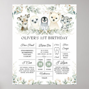 Cute Winter Artic Animals First Birthday Milestone Poster