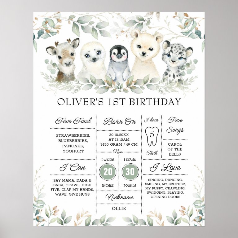 Cute Winter Artic Animals First Birthday Milestone Poster