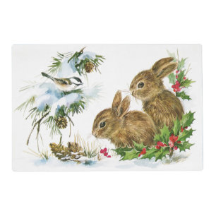 Cute Winter Baby Bunnies with Bird Holly and Snow Placemat