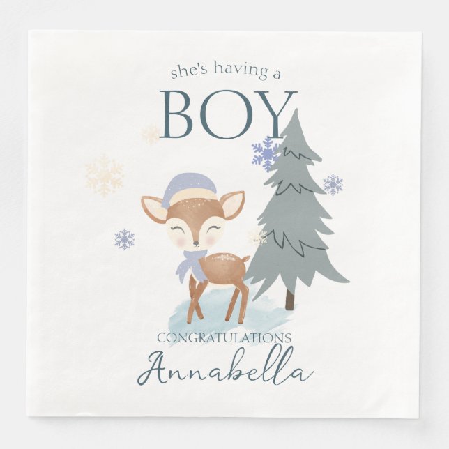 Cute Winter Baby Deer Boy Fawn Paper Dinner Napkins (Front)