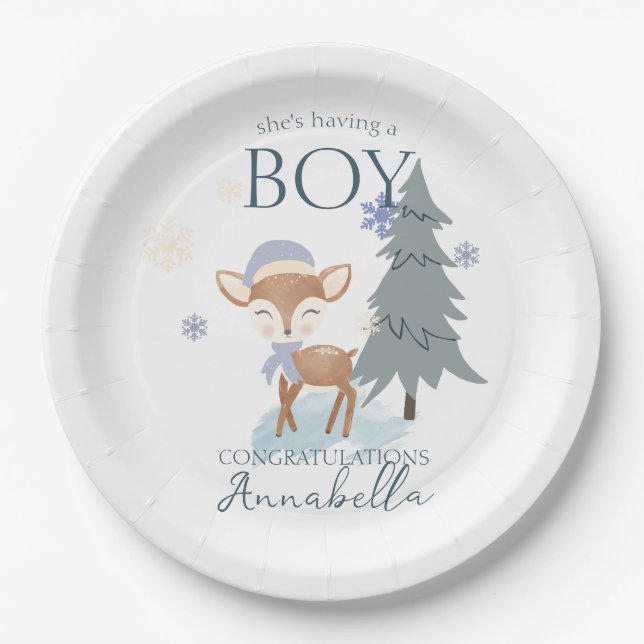 Cute Winter Baby Deer Boy Fawn Paper Plates (Front)