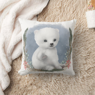 Cute Winter Baby Polar Bear Throw Pillow
