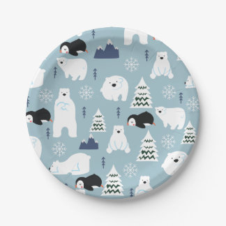 Cute Winter Bear and Penguin Pastel Blue Party Paper Plates
