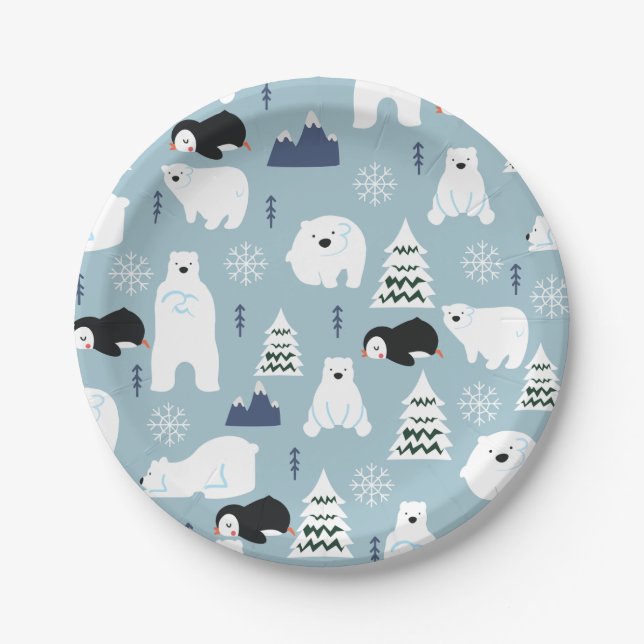 Cute Winter Bear and Penguin Pastel Blue Party Paper Plates (Front)