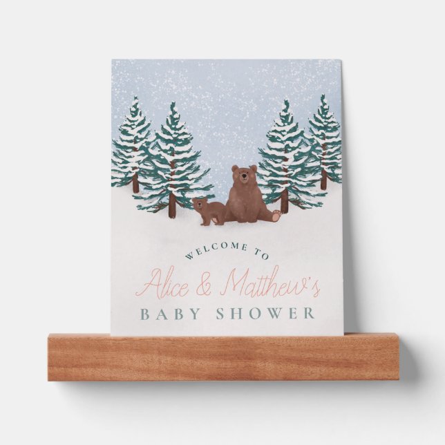 Cute Winter Bear Baby Shower Welcome Sign Picture Ledge (Front)