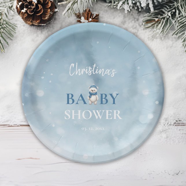 Cute Winter Bear Blue Baby Shower Paper Plates (Creator Uploaded)