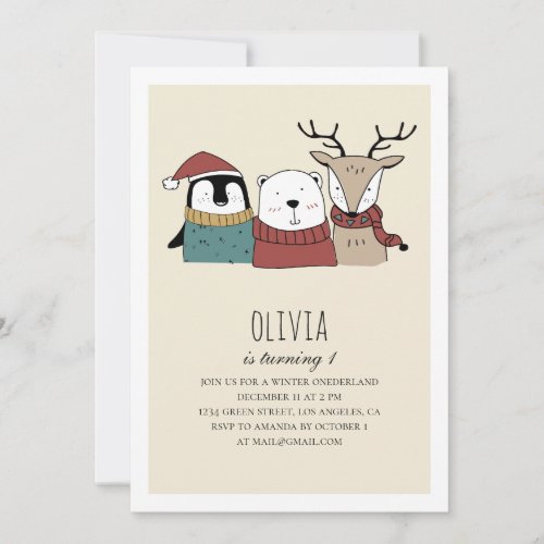 Cute winter bear Onederland first birthday animal Invitation