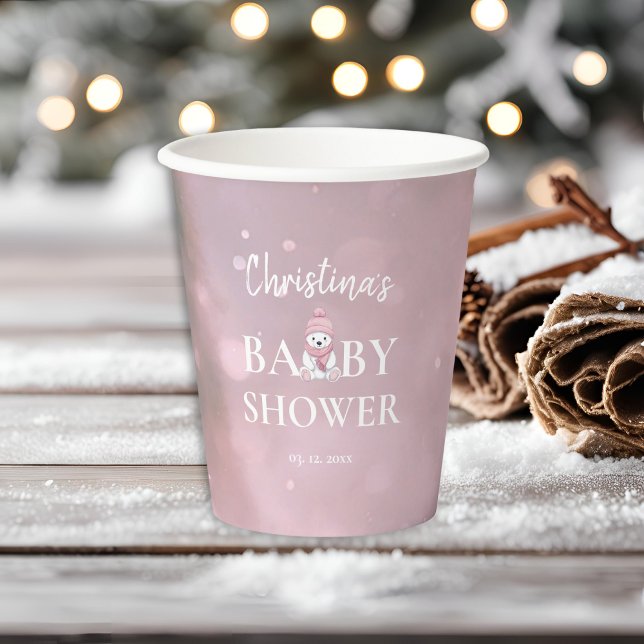 Cute Winter Bear Pink Baby Shower Paper Cups (Creator Uploaded)
