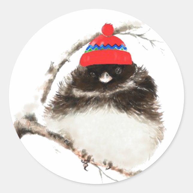 Cute Winter Bird in Hat, Christmas, Humor, Junco Classic Round Sticker (Front)