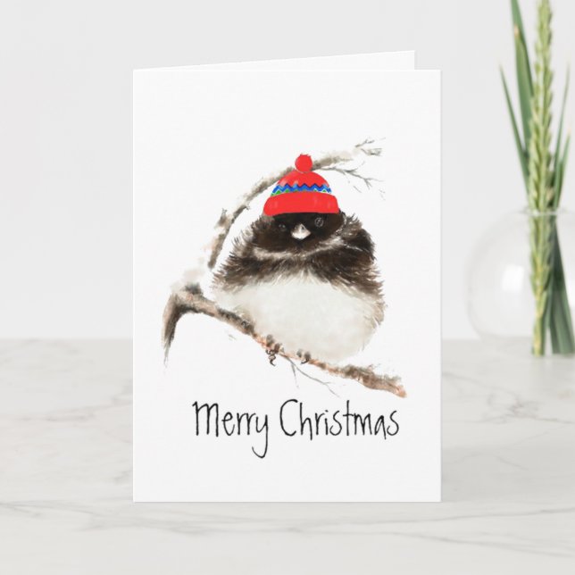 Cute Winter Bird in Hat, Christmas, Humor, Junco Holiday Card (Front)