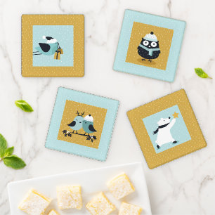 Cute Winter Birds Polar Bear Nordic Christmas Coaster Set